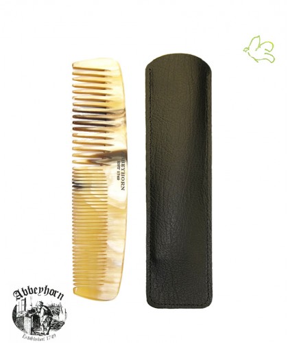 Peigne en corne Abbeyhorn étui cuir double denture  (13 cm) cheveux et barbe fait main