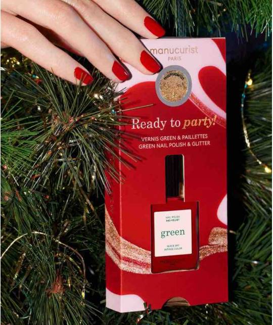 Geschenk Set roter Nagellack Green™ Manucurist Red Velvet Gold Glitter Pailletten Weihnachten Glamour Ready to Party