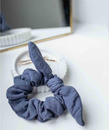 Cotton gauze Bow Scrunchie - blue