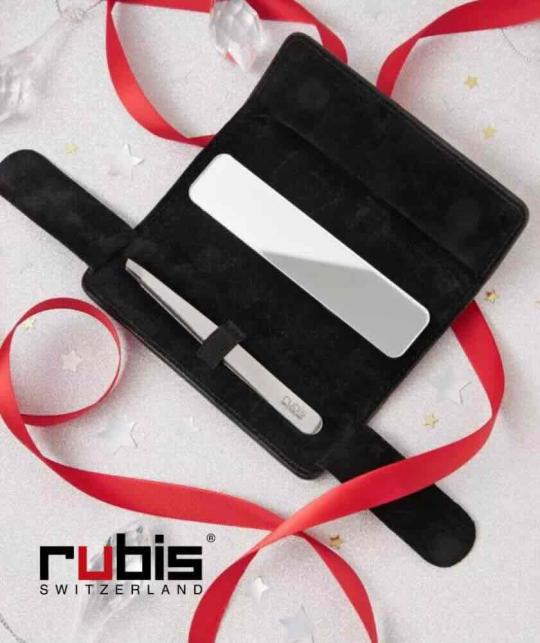 RUBIS Switzerland Tweezers Classic Shiny Steel red Leather Case Mirror Slanted tips