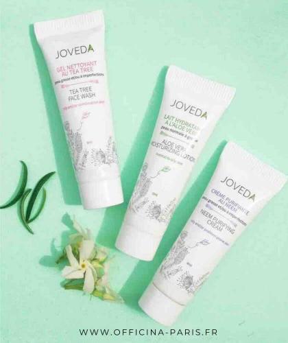 Joveda Mini Set peau acnéique Gel Nettoyant Tea Trea Lotion Aloe vera Neem soin visage cosmétique ayurvédique l'Officina Paris